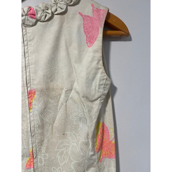 1960s Vintage Sleeveless Shift Mini Dress Butterfly Print Rosette Neckline Sm JL - Picture 6 of 11